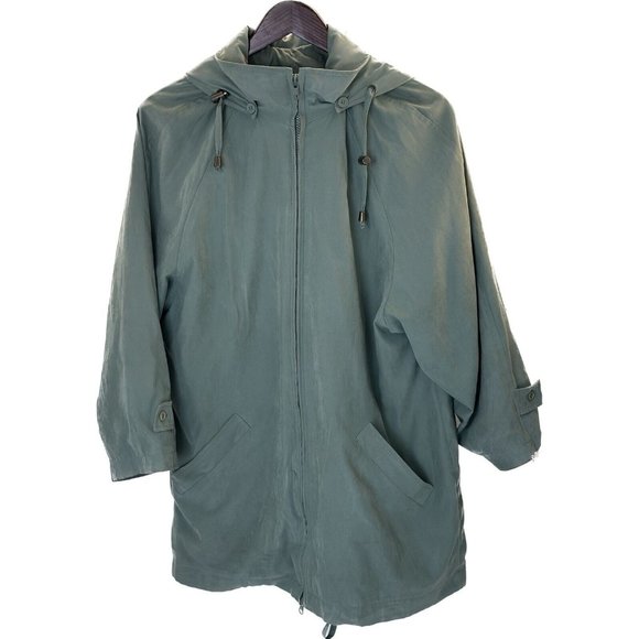 London Fog Full Zip Hooded Green Jacket Coat‎ Lined Drawstring Women's Large - Picture 1 of 6